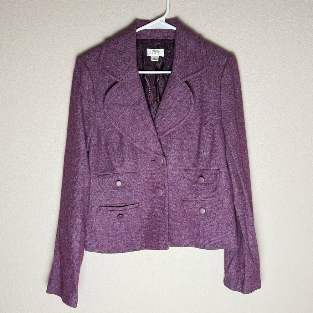 Loft Purple Wool Blend Tweed Blazer Jacket Size 8